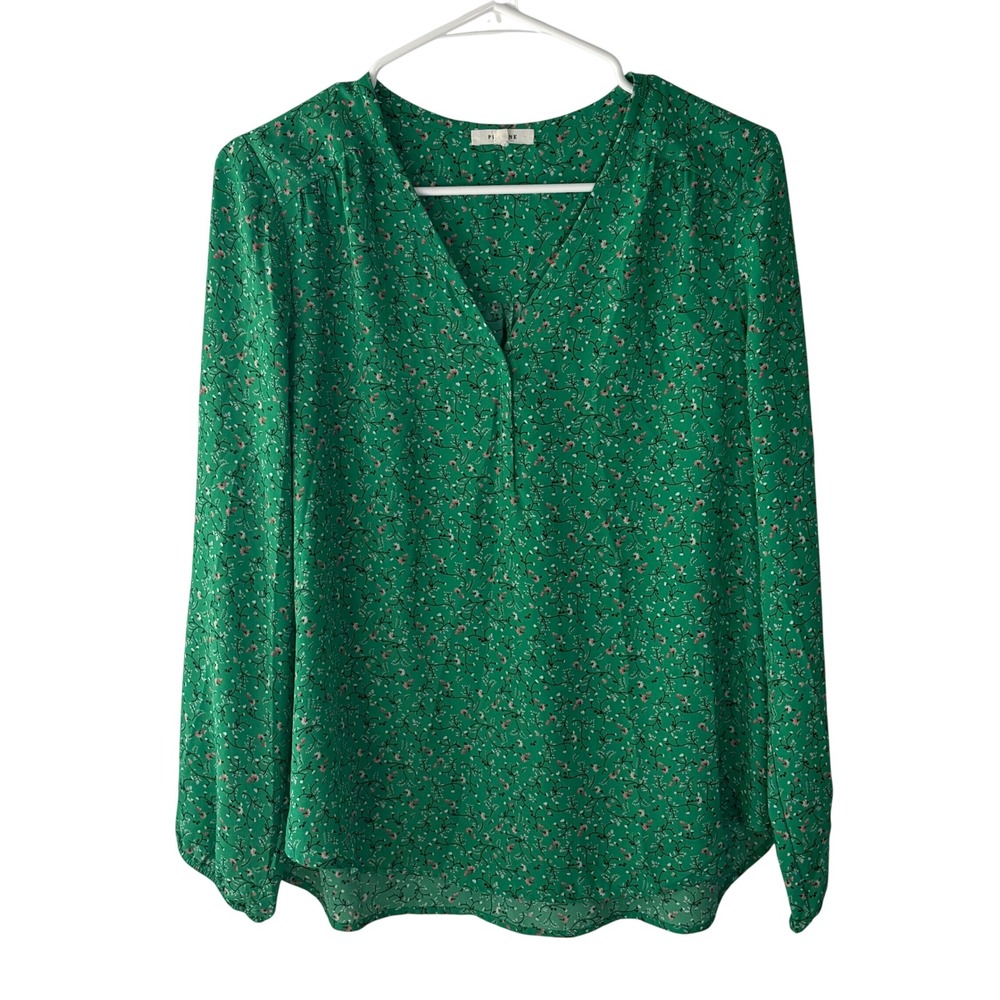 Pleione Green Floral V-Neck Long Sleeve Womens Blouse Top Small Lightweight